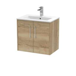 Balterley Winshill 2 Door Wall Hung Vanity Basin Unit, Light Oak, 600mm in Brown - thumbnail 1