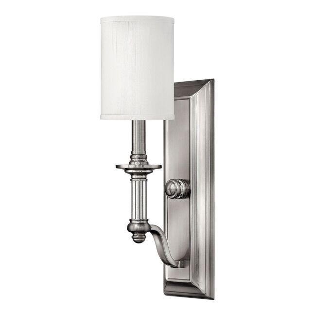 Loops Wall Light Clear Glass Column White Fabric Shade Brushed Nickel LED E14 60W in Metallics
