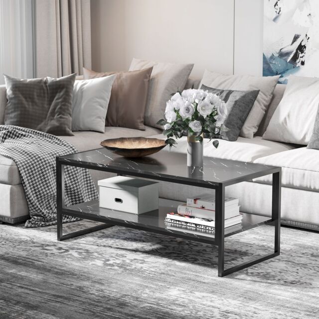 HOMCOM Elegant Two Tier Marble Effect Coffee Table Metal Frame in Black - image 1