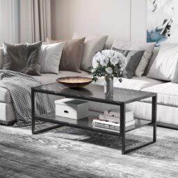 HOMCOM Elegant Two Tier Marble Effect Coffee Table Metal Frame in Black - thumbnail 1