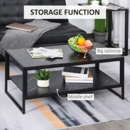 HOMCOM Elegant Two Tier Marble Effect Coffee Table Metal Frame in Black - thumbnail 4
