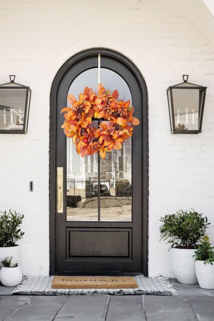 H&O Direct 50cm Fall Harvest Wreath Artificial Pumpkin & Magnolia Leaves Wreath for Door & Home Decor in Orange - image 1