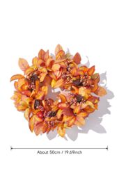 H&O Direct 50cm Fall Harvest Wreath Artificial Pumpkin & Magnolia Leaves Wreath for Door & Home Decor in Orange - thumbnail 3