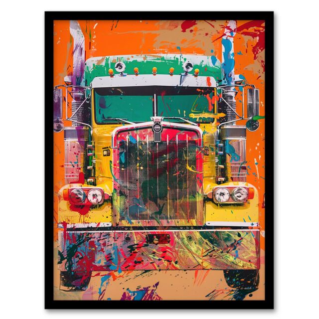 Artery8 Colourful Truck Lorry Front Hippy Trippy Trucker Framed Art Print in Orange - Size: A4 - image 1