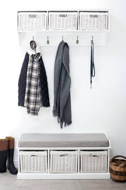 Statement Furniture Tetbury 3 White Wicker Basket & Grey Cushion Hallway Set - image 1