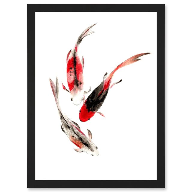 Artery8 Japan Koi Fish Black & Red Swimming Artwork Framed Wall Art Print A4 - image 1