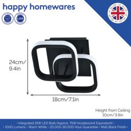 Happy Homewares Contemporary LED Ceiling Light Fitting in Square Metal in Black - thumbnail 5