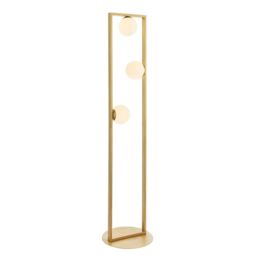 Loops 1410mm Brushed Gold Geometric 3 Light Floor Lamp & Glass Opal Sphere Shades in Clear