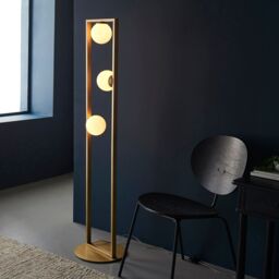 Loops 1410mm Brushed Gold Geometric 3 Light Floor Lamp & Glass Opal Sphere Shades in Clear - thumbnail 4