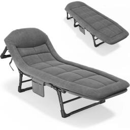 Kelvenix 180cm Folding Sun Lounger, Garden Recliner Chair Camping Cot w/ Mat in Grey