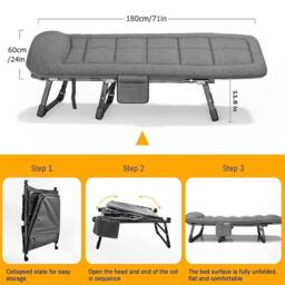 Kelvenix 180cm Folding Sun Lounger, Garden Recliner Chair Camping Cot w/ Mat in Grey - thumbnail 2