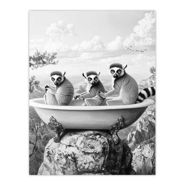 "Artery8 Ring-tailed Lemurs in Bathtub Black White Surreal Wall Art Print in Grey - Size: W24"" x H32""" - image 1