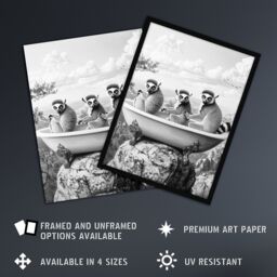 "Artery8 Ring-tailed Lemurs in Bathtub Black White Surreal Wall Art Print in Grey - Size: W24"" x H32""" - thumbnail 2