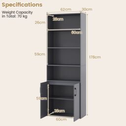 Gymax 178cm Bookcase 6-tier Modern Style Storage Cabinet With Shelves in Grey - thumbnail 2