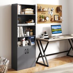 Gymax 178cm Bookcase 6-tier Modern Style Storage Cabinet With Shelves in Grey - thumbnail 4