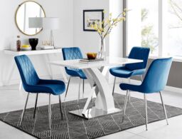 FurnitureboxUK Atlanta White High Gloss & Chrome 4 Seater Dining Table with X Shaped Legs & 4 Soft Velvet Pesaro Chairs in Navy