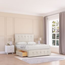 "Sloomy Cambridge Divan Bed Base 2 Drawers 12"" Footboard & 26"" Struts Headboard in Cream - Size: Super King"