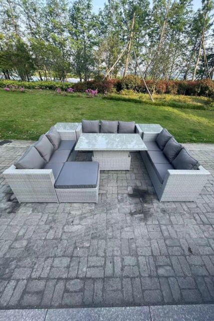 Fimous U Shape Rattan Garden Furniture Adjustable Rising Lifting Table Dining Set 2 PC Side Coffee Table in Light Grey - image 1