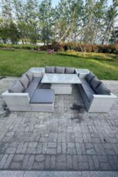 Fimous U Shape Rattan Garden Furniture Adjustable Rising Lifting Table Dining Set 2 PC Side Coffee Table in Light Grey - thumbnail 2
