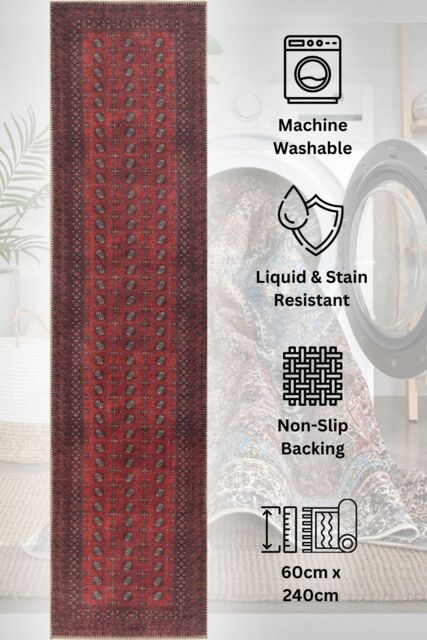 Kukoon Washable Runner Rug Red persian Style Long Hallway Carpet Mat 60cm x 240cm in Dark Red - Size: 60 cm x 240 cm - image 1