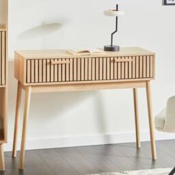 Wyld and Coco Console Table Light Brown MDF Two Drawers Solid Pine Legs
