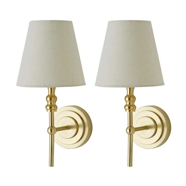 ValueLights Maggie Pair of Candlestick Wall Lights with Linen Tapered Lamp Shades in Gold