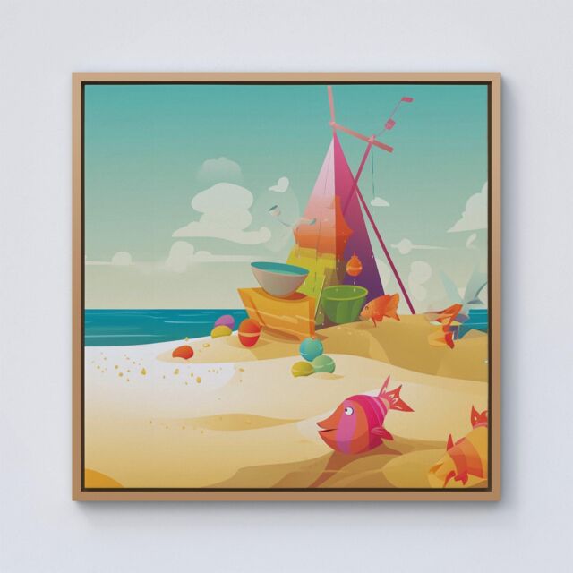 Warren Reed - Designer Fish On A Beach Holiday Framed Canvas in Light Brown - Size: w40 inch x h40 inch - image 1