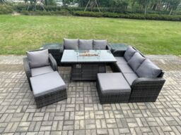 Fimous 9 Seater Rattan Garden Furniture Set Gas Fire Pit Dining Table Reclining Chair 3 Seater Sofa Set Indoor Outdoor with 2 Side Tables in Dark Grey - thumbnail 1
