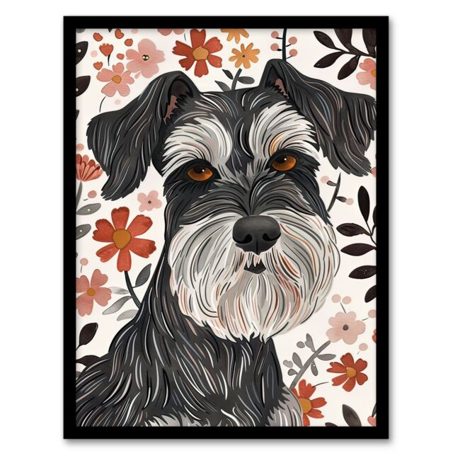 Artery8 Miniature Schnauzer with Daisies Watercolour Framed Wall Art in Dark Grey - Size: A4 - image 1