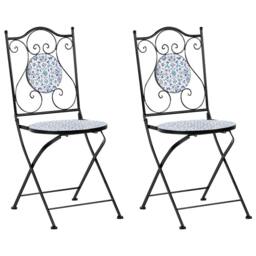 Wyld and Coco Set 2 Black Metal Folding Garden Chairs Blue and White Floral - thumbnail 3