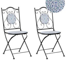 Wyld and Coco Set 2 Black Metal Folding Garden Chairs Blue and White Floral - thumbnail 2