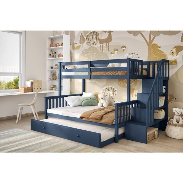 Flair Tag Triple Staircase Bunk Bed with Trundle in Blue - Size: Double - image 1