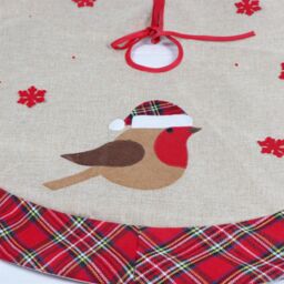 Shatchi Christmas Tree Skirt Snowflakes Printed Pattern Burlap Hessian Linen Base Cover Floor Mat Holiday in Red