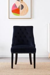 Life Interiors Single Velvet Dining Chair Ergonomic Scoop Knockerback & Button Tufted Wood Legs in Black - thumbnail 2