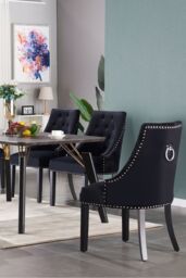 Life Interiors Single Velvet Dining Chair Ergonomic Scoop Knockerback & Button Tufted Wood Legs in Black - thumbnail 7
