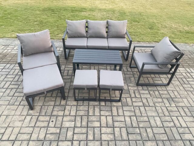 Fimous Aluminium 7 Pieces Garden Furniture Sofa Set with Cushions 8 Seater Outdoor Patio Set with 2 Armchair 3 Footstools Dark Grey - image 1