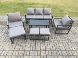 Fimous Aluminium 7 Pieces Garden Furniture Sofa Set with Cushions 8 Seater Outdoor Patio Set with 2 Armchair 3 Footstools Dark Grey - thumbnail 1