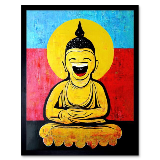 "Artery8 Wall Art Print Happy Buddha Fun Acrylic Art Framed in Black - Size: W12"" x H16""" - image 1