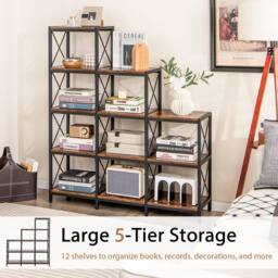 Costway 5-Tier Bookshelf 9 Cubes Bookcase with Carbon Steel Frame in Brown - thumbnail 4