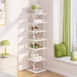 Huhote 7-Tier Narrow Shoe Rack with Metal Frame Shoe Stand Small Spaces in White - thumbnail 1