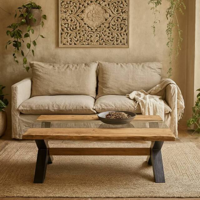 Wyld Haus Vouvant Live Edge Mango Wood & Glass Coffee Table Black X Frame Base in Natural - image 1