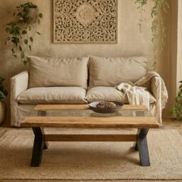 Wyld Haus Vouvant Live Edge Mango Wood & Glass Coffee Table Black X Frame Base in Natural
