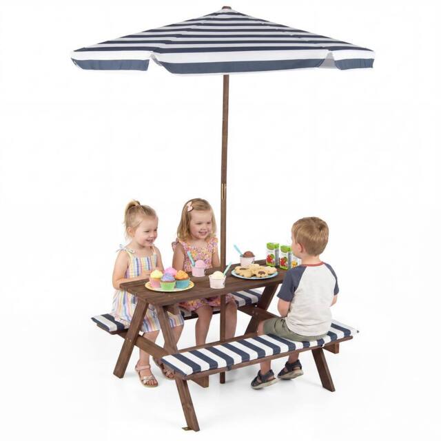 CASART Kids Picnic Table w/Bench Outdoor Table set w/Removable Umbrella in Blue