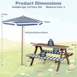 CASART Kids Picnic Table w/Bench Outdoor Table set w/Removable Umbrella in Blue - thumbnail 2