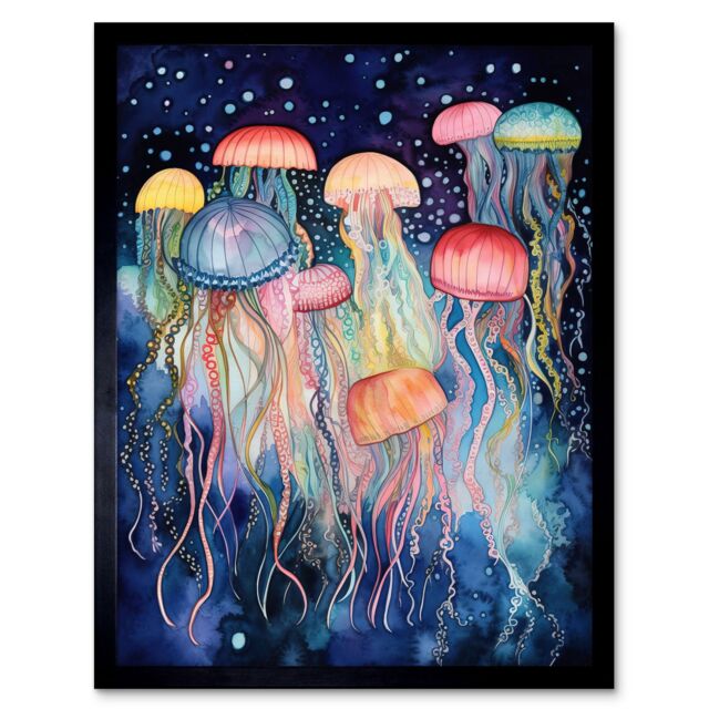"Artery8 Wall Art Print Group Of Jellyfish Multicoloured Folk Art Watercolour Painting Art Framed in Black - Size: W12"" x H16""" - image 1