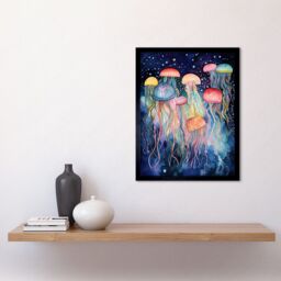 "Artery8 Wall Art Print Group Of Jellyfish Multicoloured Folk Art Watercolour Painting Art Framed in Black - Size: W12"" x H16""" - thumbnail 2