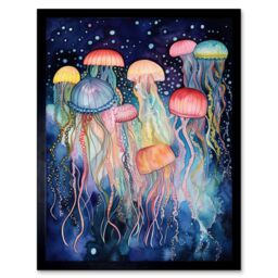 "Artery8 Wall Art Print Group Of Jellyfish Multicoloured Folk Art Watercolour Painting Art Framed in Black - Size: W12"" x H16""" - thumbnail 1