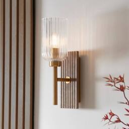 Netlighting Grove Wall Lamp Beechwood & Vintage Brass Ribbed Glass E14 in Brown - thumbnail 5