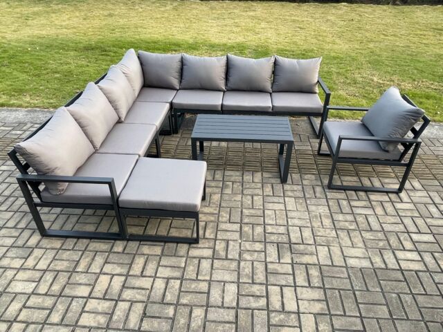 Fimous Aluminium Patio Outdoor Garden Furniture Lounge Corner Sofa Set with Oblong Coffee Table Big Footstool Chair Dark Grey