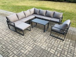 Fimous Aluminium Patio Outdoor Garden Furniture Lounge Corner Sofa Set with Oblong Coffee Table Big Footstool Chair Dark Grey - thumbnail 2